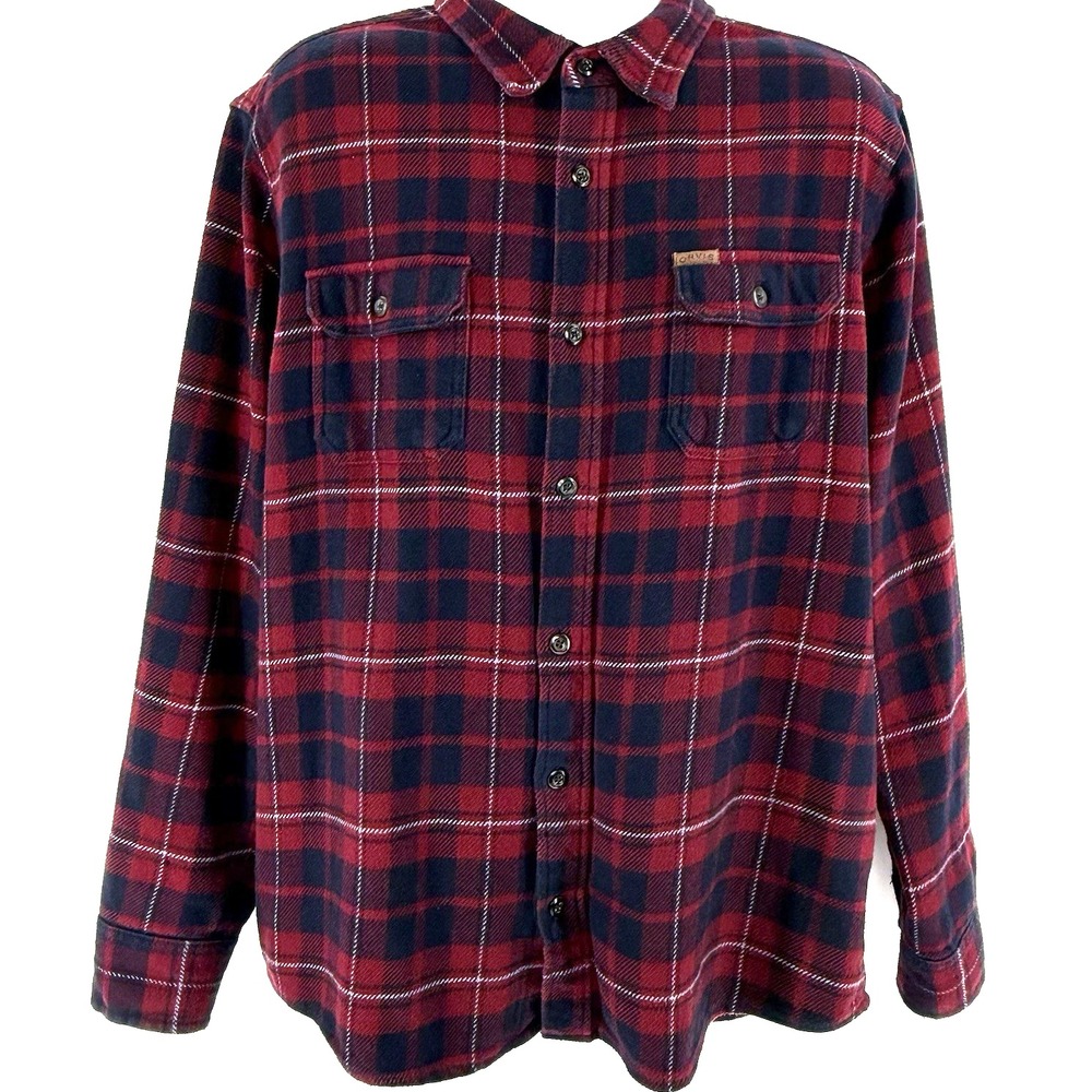 Orvis Men's XL Heavyweight Flannel Shirt Red Navy Plaid Cotton Outdoor Casual